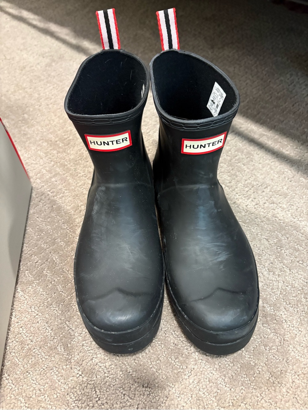 Hunter Black Rubber Short Rain Boots with Red-Trim Logo and Red/White Pull Tabs